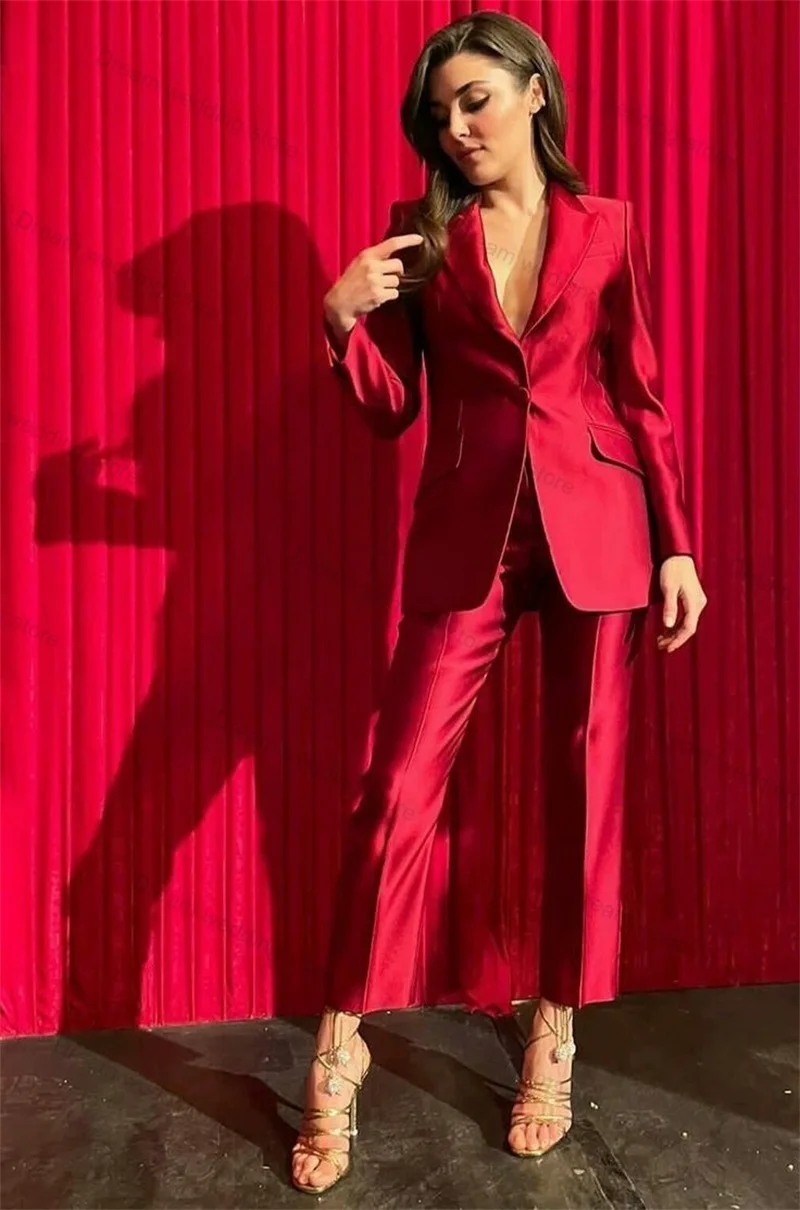 Satin Red Women Suits Pants Set Formal Office Lady Jacket+Pants Wedding Tuxedos Tailored Made Prom Dress Jacket Trousers