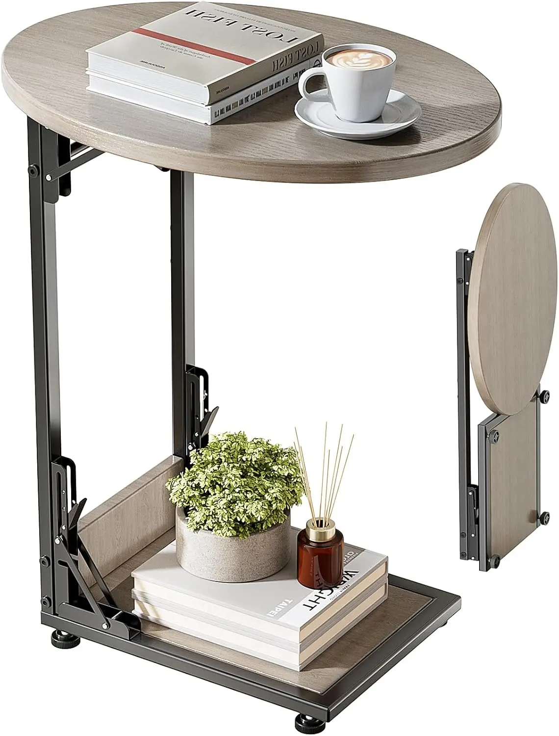 

Compact Folding Side Table with Metal Frame, C-Shaped TV Stand for Sofa Living Bedroom, Space-Saving Gray Design
