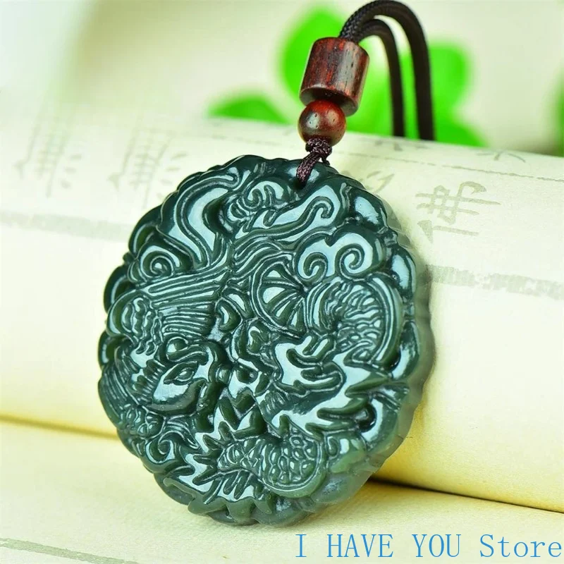 الطبيعية Hetian الأزرق اليشم التنين فينيكس قلادة جالبة للحظ موضة الرجعية الرجال النساء قلادة تميمة غرامة مجوهرات فاخرة هدايا العيد