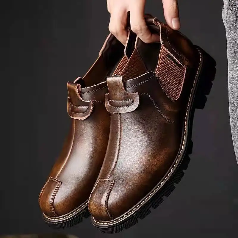 2025 New Men's PU Leather Work Boots Retro British Style Ankle Boots Soft Warm Lined Winter Casual Shoes Non-Slip Comfortable