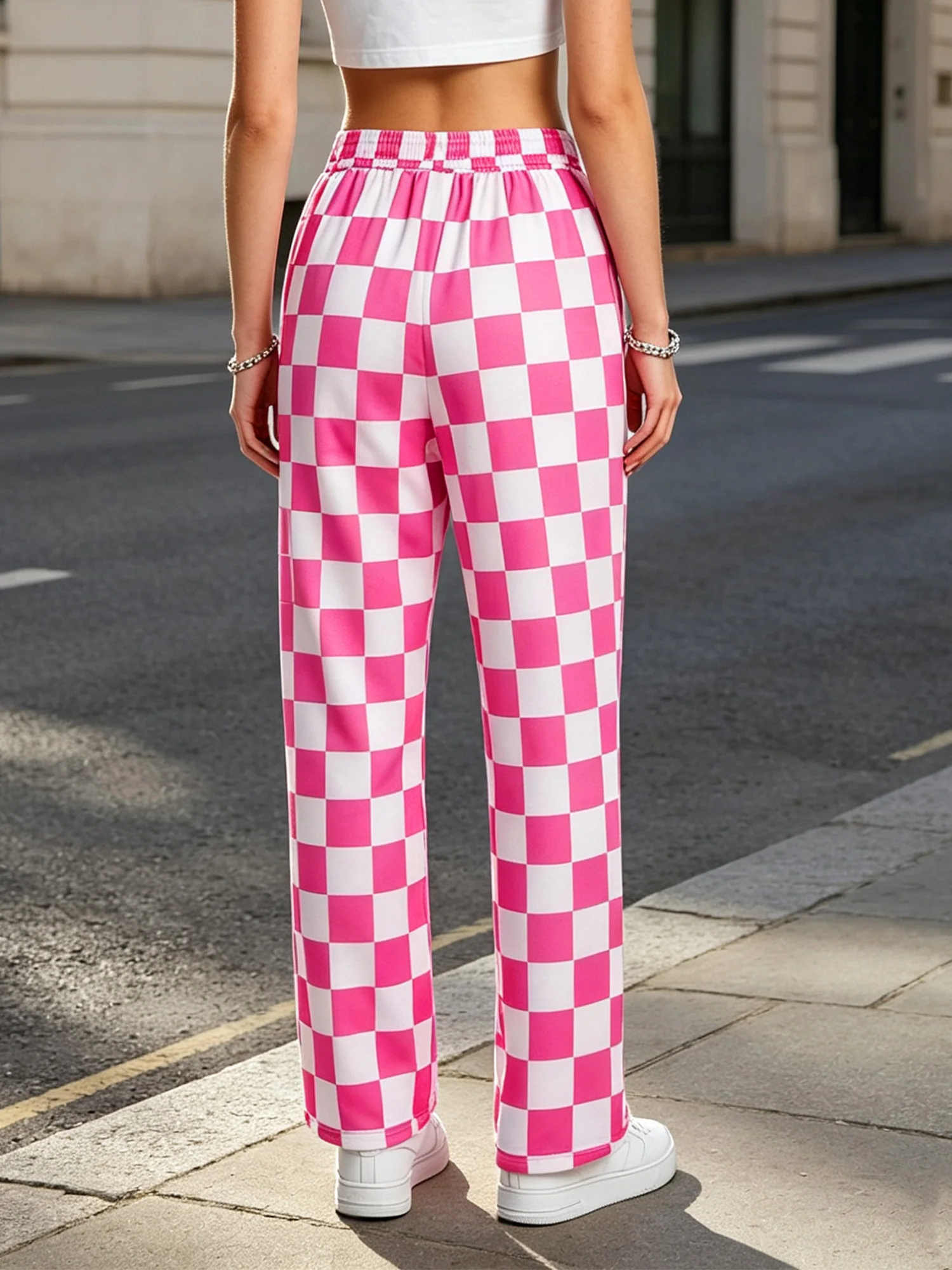 Women Plaid Checkerboard Wide Leg Pants Drawstring Elastic Waistband Side Pockets Trousers Casual Loose Bottoms for Daily