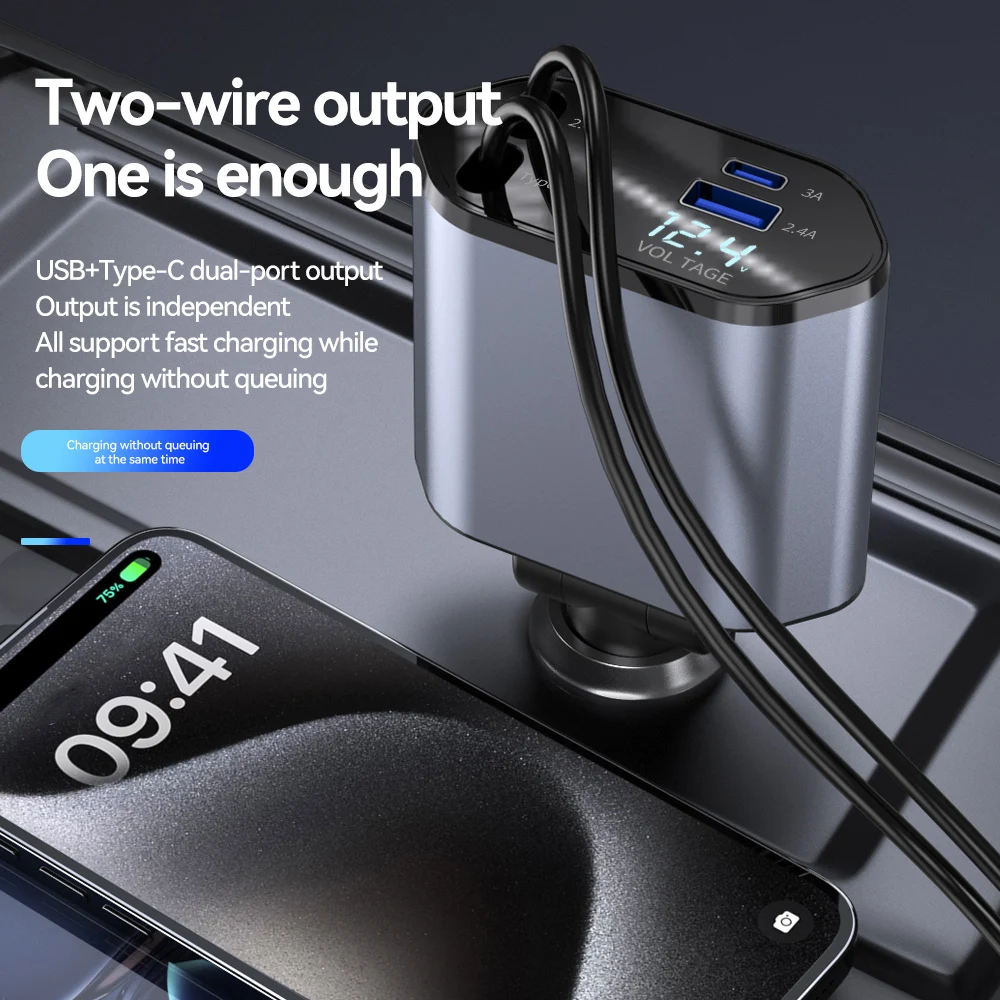 차량용 개폐식 담배 라이터 어댑터, USB C 타입 고속 충전기 케이블, 아이폰 샤오미 화웨이 삼성용, 120W, 4 in 1