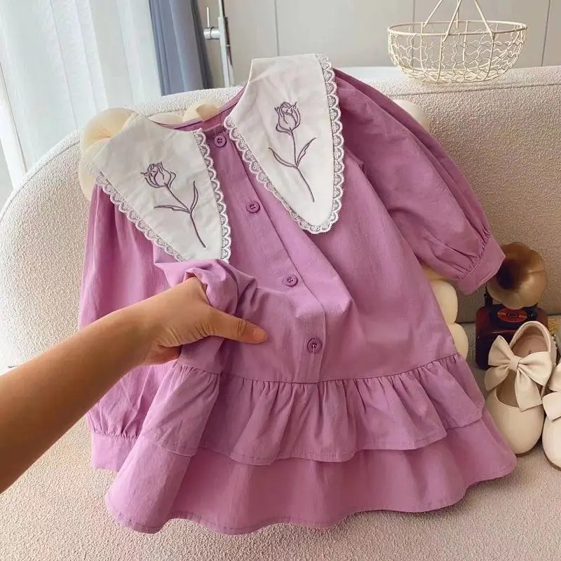 Girls\' Dress Spring and Autumn New Children\'s Baby Flower Embroidery Flip Collar Cake Princess Dress Sweet