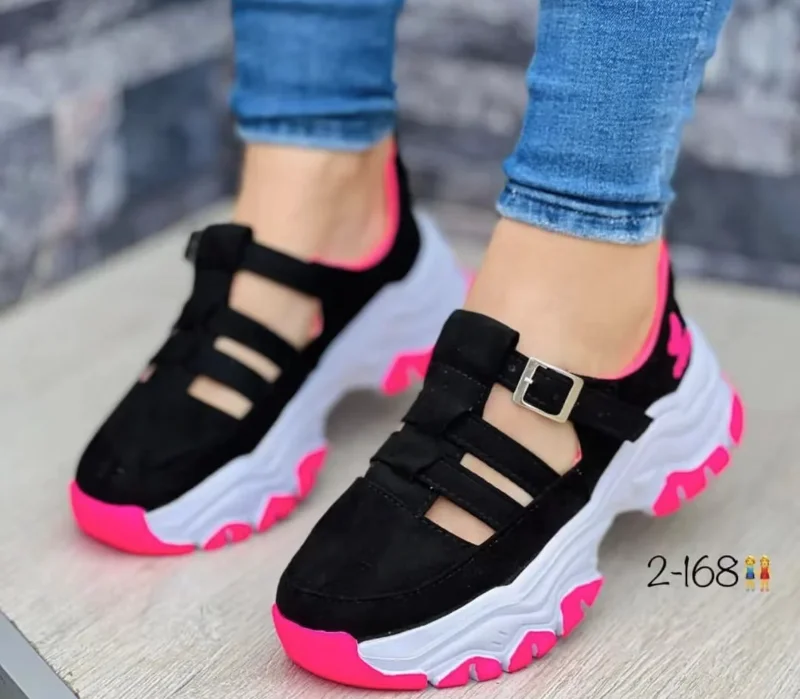 Casual Leather Sneakers 2024 Summer New Hollow Out Breathable Buckle Wedge Platform Shoes Non-slip Mesh Women\'s Vulcanized Shoes