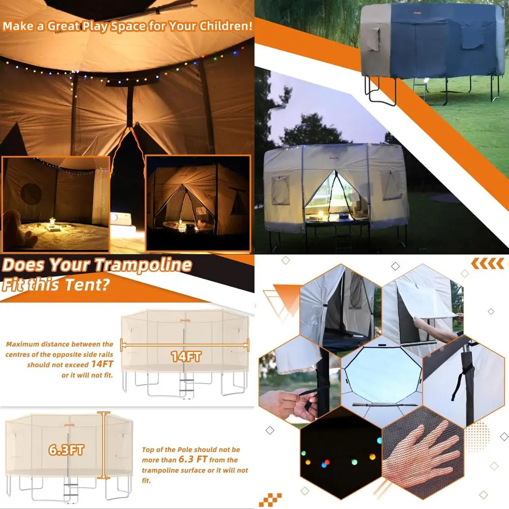 خيمة ترامبولين بطول 14 قدم للأطفال (خيمة فقط)، تناسب 6 أقطاب مستقيمة ترامبولين مستديرة، غطاء ظل ترامبولين مع ضوء LED، مصباح