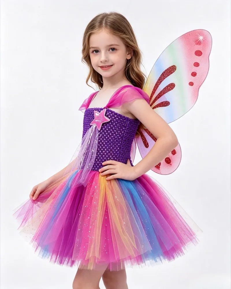 New Halloween Girls Butterfly Wing Fairy Tulle Dress Kids Sparkle Tutu Outfit Princess Style For Outdoor Event Stage Performance