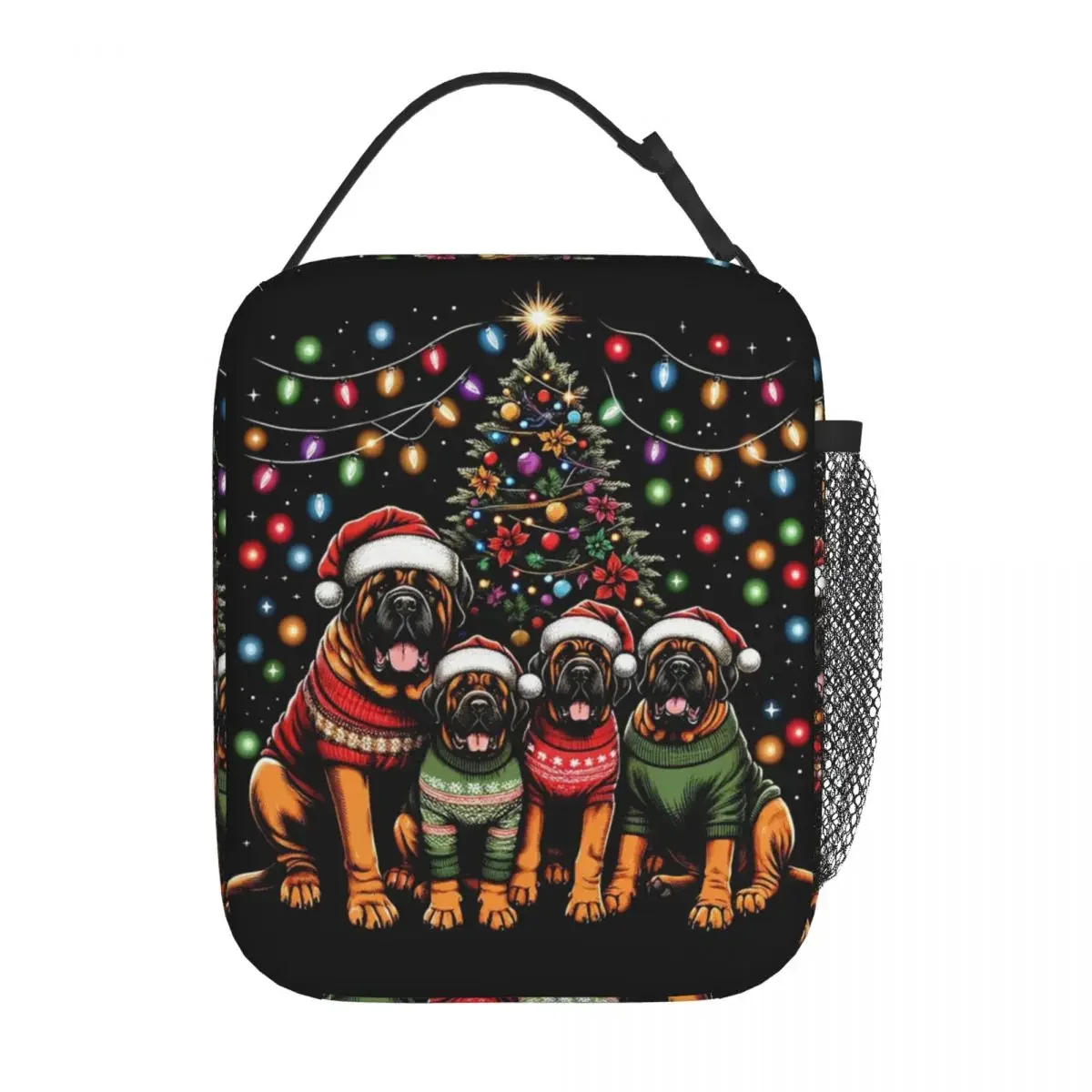 Mastiff Dog Family Light Christmas Tree Insulated Lunch Bag for Women Kids Portable Food Boxes Thermal Lunch Box Tote