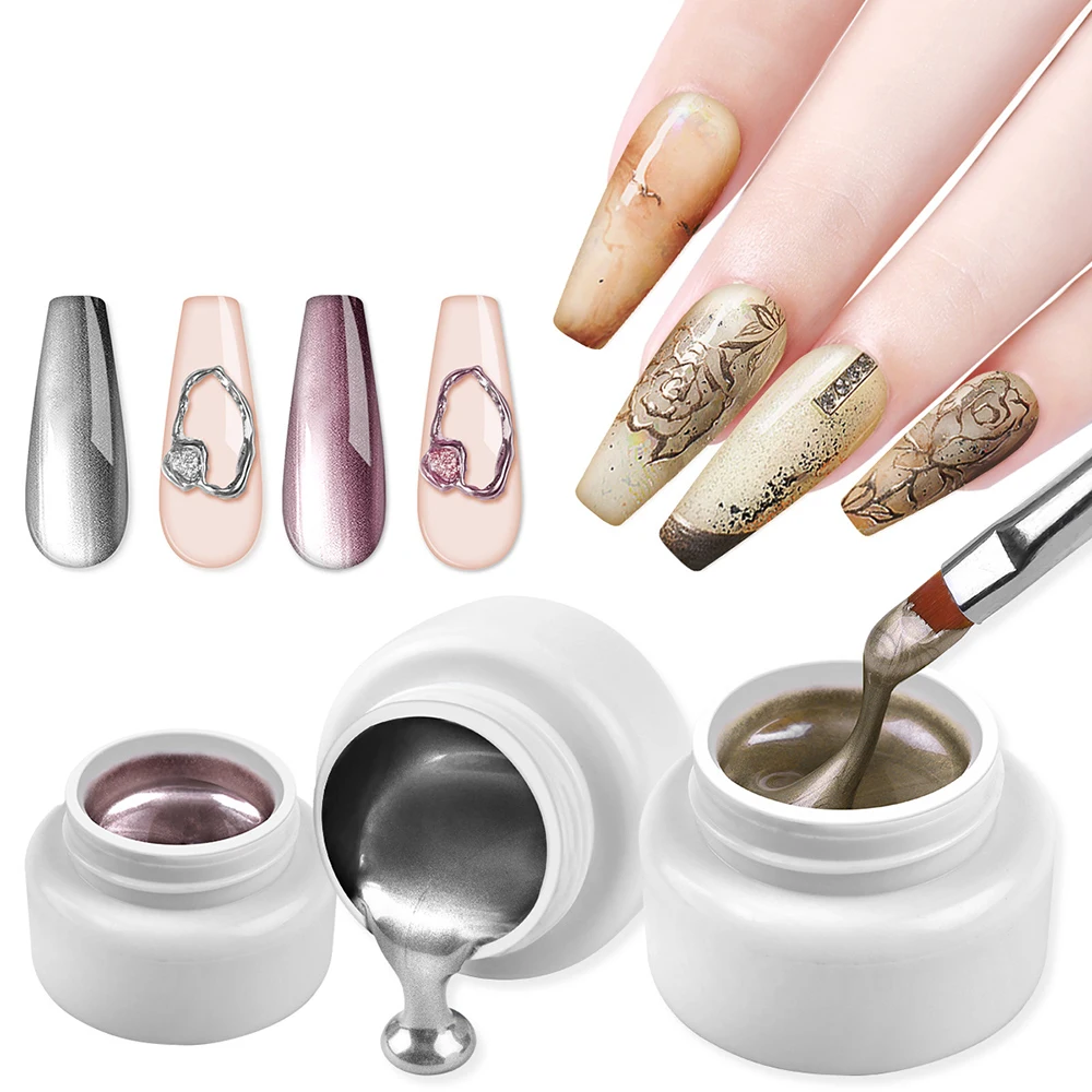 

Metal Effect Nail Metal Paint Glue Gold Silver Drawing Phototherapy Glue Varnish Waterproof DIY Nail Polish Upgrade Drawing 5ml