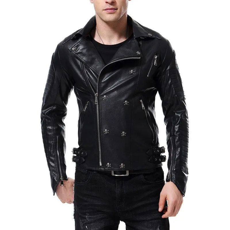 Men's Punk Leather Jacket Motorcycle Clothes Rock Slim Fit Brand Spring and Autumn Fashion Boutique