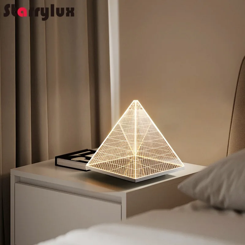 

Modern Pyramid Ornament Lamp Luxurious Metal Nightlight Design Acrylic Table Lamp