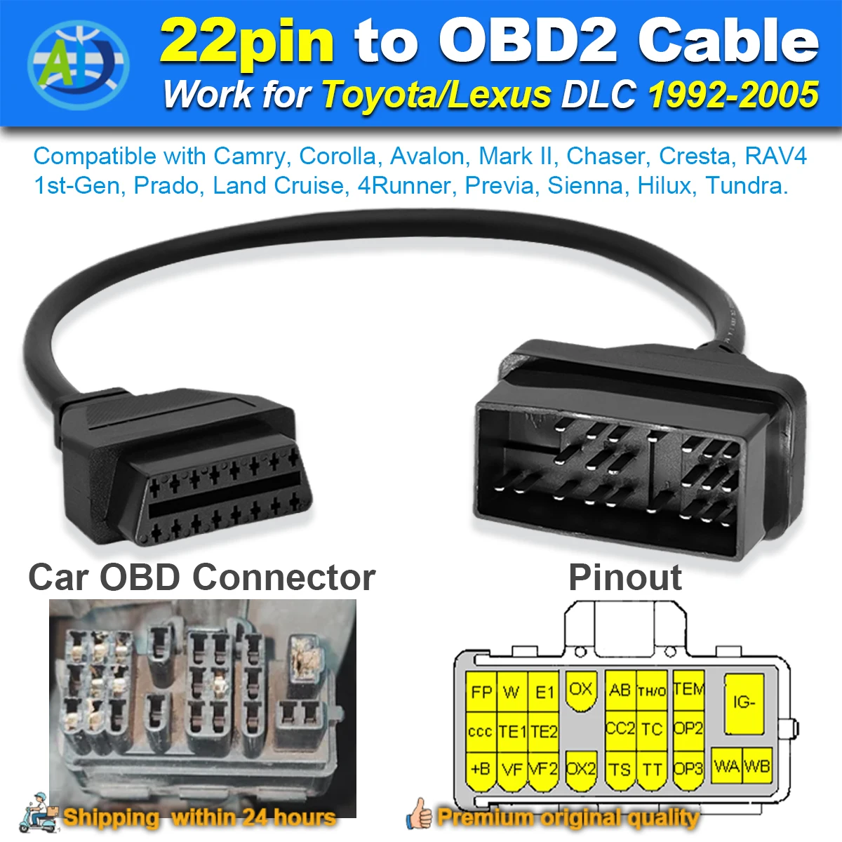 22Pin to OBD2 For Toyota DLC Diagnostic Connector OBD to OBD2 Adapter For Land-Cruiser/Carina/Camry/Crown 22Pin K-Line Diagnosis