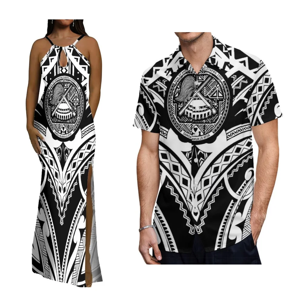 

Samoan Couple'S Elegant Women'S Sleeveless Form-Fitting Dress Polynesian Island Men'S Shirt Cocktail Party Evening Dress Custom