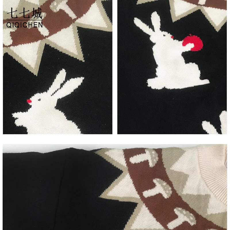 Japanese Knitted Sweater Women Men Cartoon Rabbit Pullover Jumpers Streetwear Hip Hop O-neck Loose Knitwear Sweater Tops Unisex