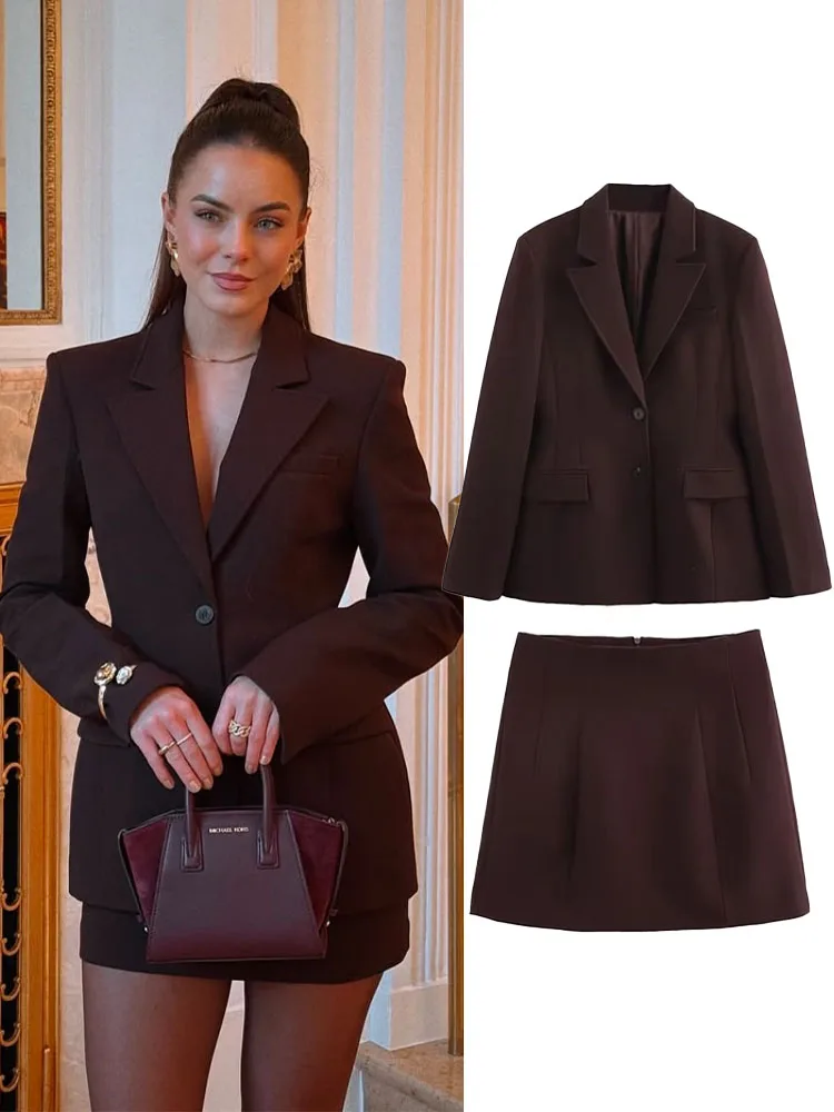 

TRAFZA Female Long Sleeves Single Breasted Lapel Blazer+Zipper Side Pockets Trousers+Pocket A-Line Mini Skirt Solid Three Suits