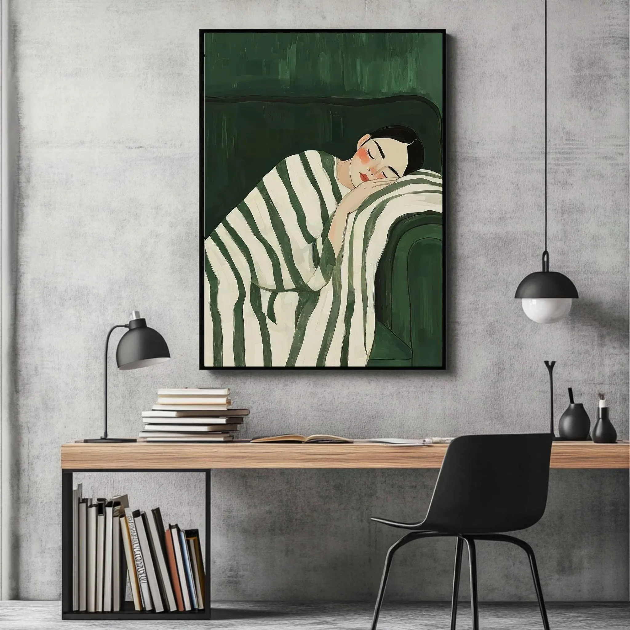 Large abstract emerald green wall art, contemporary artwork, minimalist print, home decor, striped woman print poster gift.