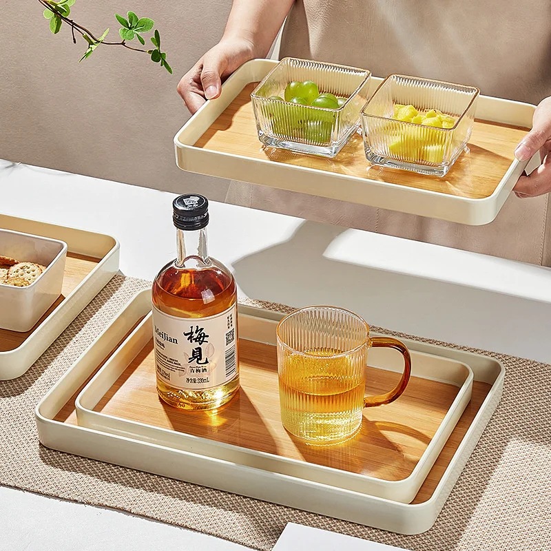 Japanese Style PP Imitation Bamboo Pattern Storage Tray Rectangular Thickened Teapot Plate Multifunctional Kitchen Storage Tools