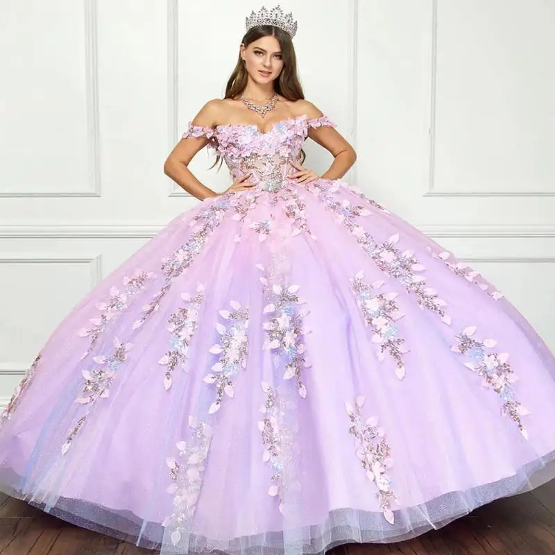 

Customized Shiny light purple Skallean Princess Ball Gowns Quinceanera Dresses for Appliques Off the Shoulder Vestido De 15