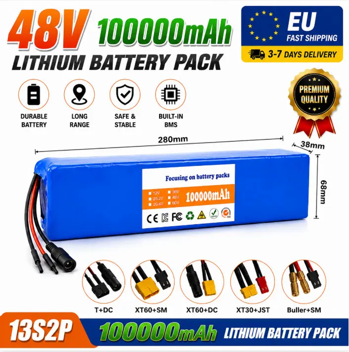 13S2P 48V 100000mAh 100Ah Lithium-Ionen-Akkupack mit 250W 350W 500W 750W 1000W BMS und einem kostenlosen 54,6V-Ladegerät