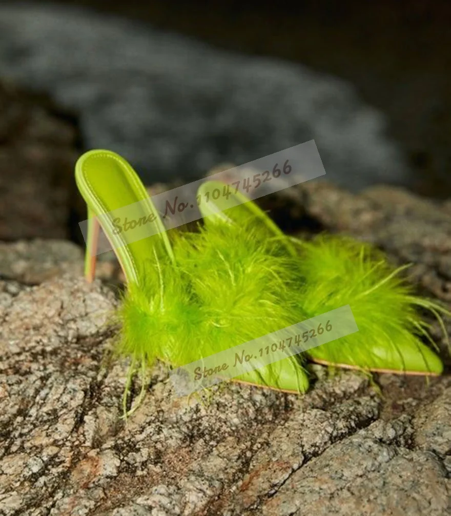 

Green Purple Fluffy Fur High Heel Mules Plush Fringe Furry Outside Modern Slippers Stiletto Heels Slip-On Dress Shoes