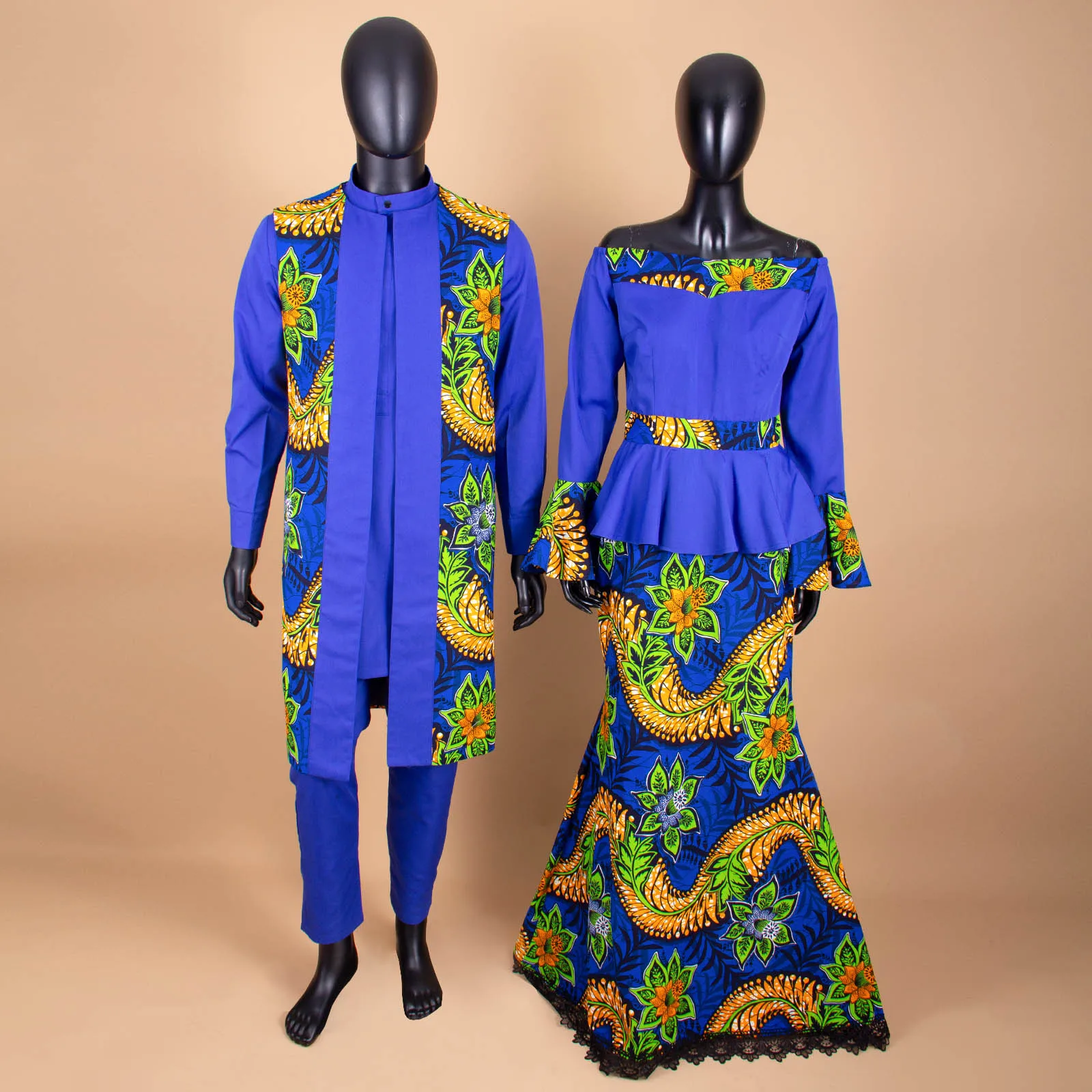 African Couple Clothes Women Print  V-neck Top and Lace Skirts Match Men Outfits Dashiki Long Vest Shirt and Pants Sets Y22C041