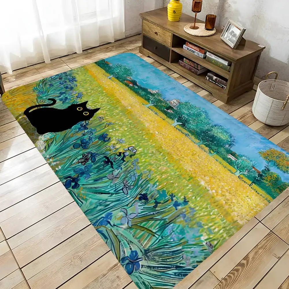 Van Gogh Funny black cat Door Mat Washable Non-Slip Living Room Sofa Chairs Area Mat Kitchen Toilet Rug