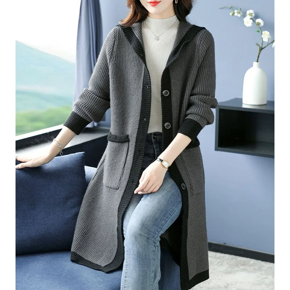 2024 NEW Hooded Knitted Sweater Coat Women Autumn Winter Long Wool Cardigans Female Casual Loose Knitting Jacket Large Size 5XL