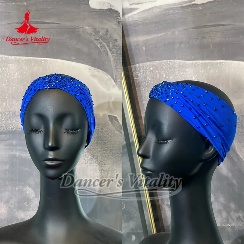 라틴 섹시한 레오파드 프린트 AB 스톤 댄스 액세서리 여성 차차 삼바 룸바 지브 연습 및 공연 블루 헤드웨어