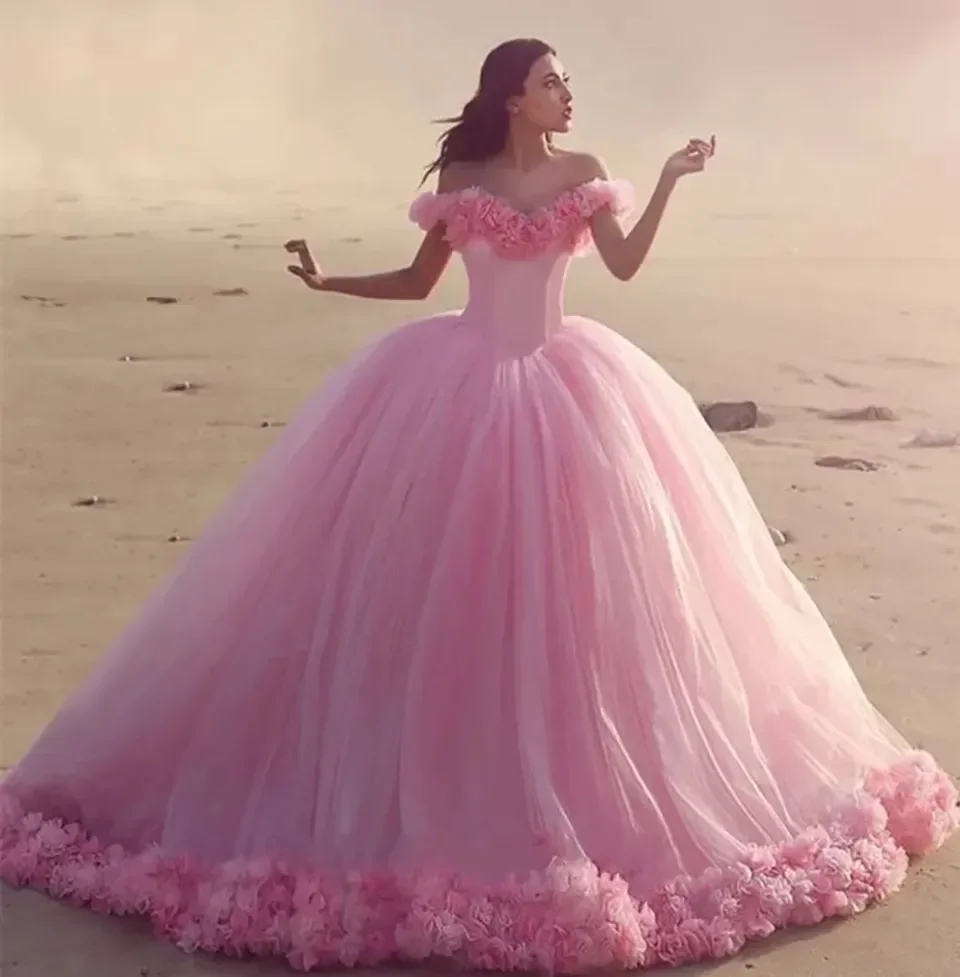 Luxury Pink Wedding Dress 2027 Off-Shoulder Sleeveless Lace Up Pleat 3D Flowers Tulle Birde Bridal Gowns Vestido De Novia