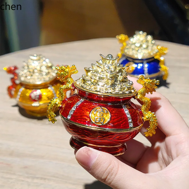 H1 Alloy Enamel Jewelry Box Chinese Style Creative Home Decor Classical Opening Gift Treasure Bowl Ingot New Year Ornament