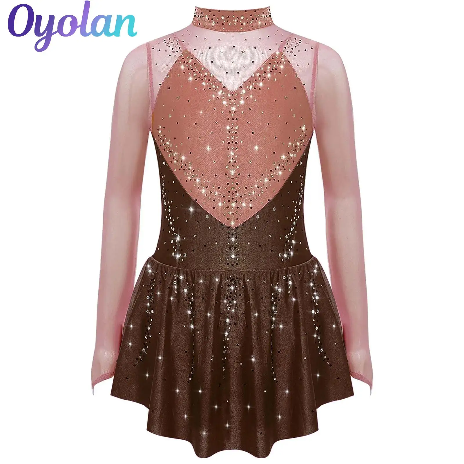 ชุดเดรสเต้นรำสำหรับเด็กผู้หญิง ประดับด้วยคริสตัลวิบวับ สำหรับยิมนาสติก ฟิกเกอร์สเก็ต บัลเลต์ แขนยาว ผ้าตาข่ายบางเบา ชุดเต้นรำแนวลิริคอล