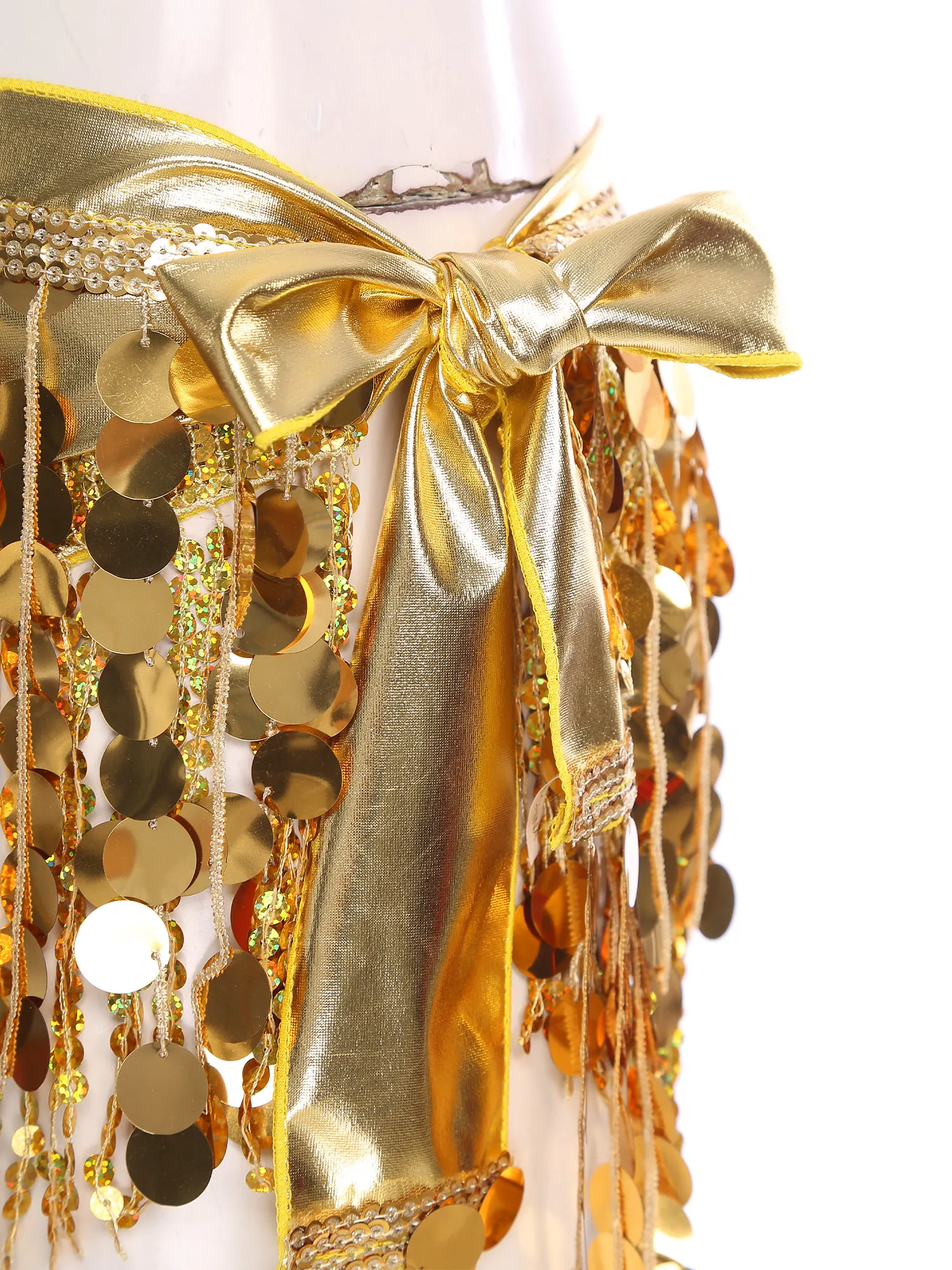 メタリック光沢のある女性用ベリーダンスヒップスカーフ、スパンコールタッセル付き、セルフタイイングラップスカート、ティアードフリンジウエストチェーン、ベリーダンスコスチューム