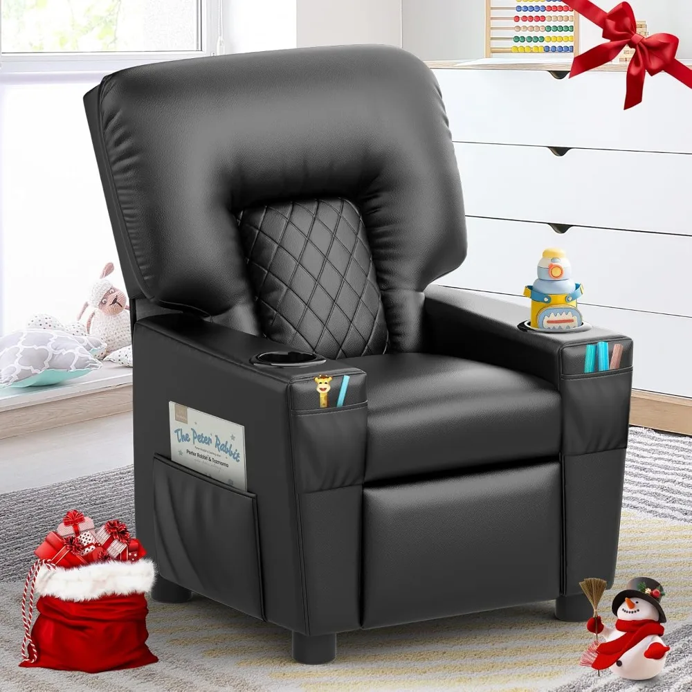 

Leather Push Back Kids Reclining Chair with Cup Holders & Side Pockets, Safety Adjustable Footrest Toddler Recliner