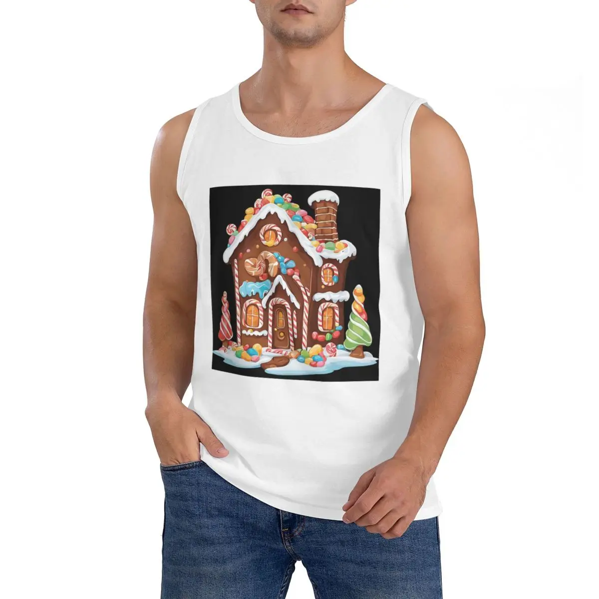 100% Cotton Whimsical Gingerbread House Full Of Joy Sleeveless T-Shirt Men Workout Sports Clothing Tops Men's Crew Neck Vest