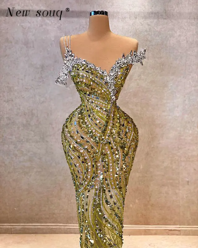 Green Crystals Stones Sequins Long Evening Dresses Arabic Glitter Sexy Illusion Special Occasion Wedding Events Party Gowns