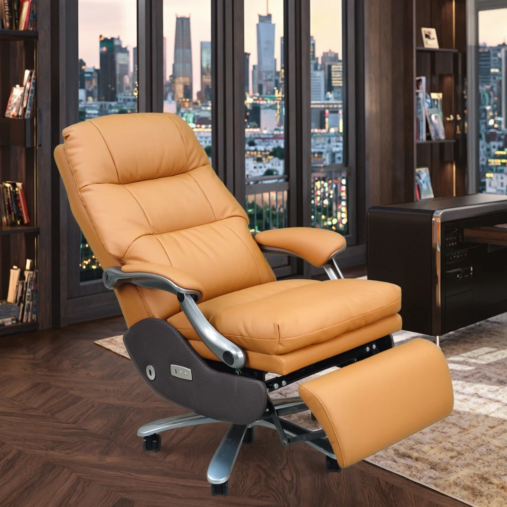 New design height adjustable rotating orange electric leather reclining big boss chair study chair with footrest