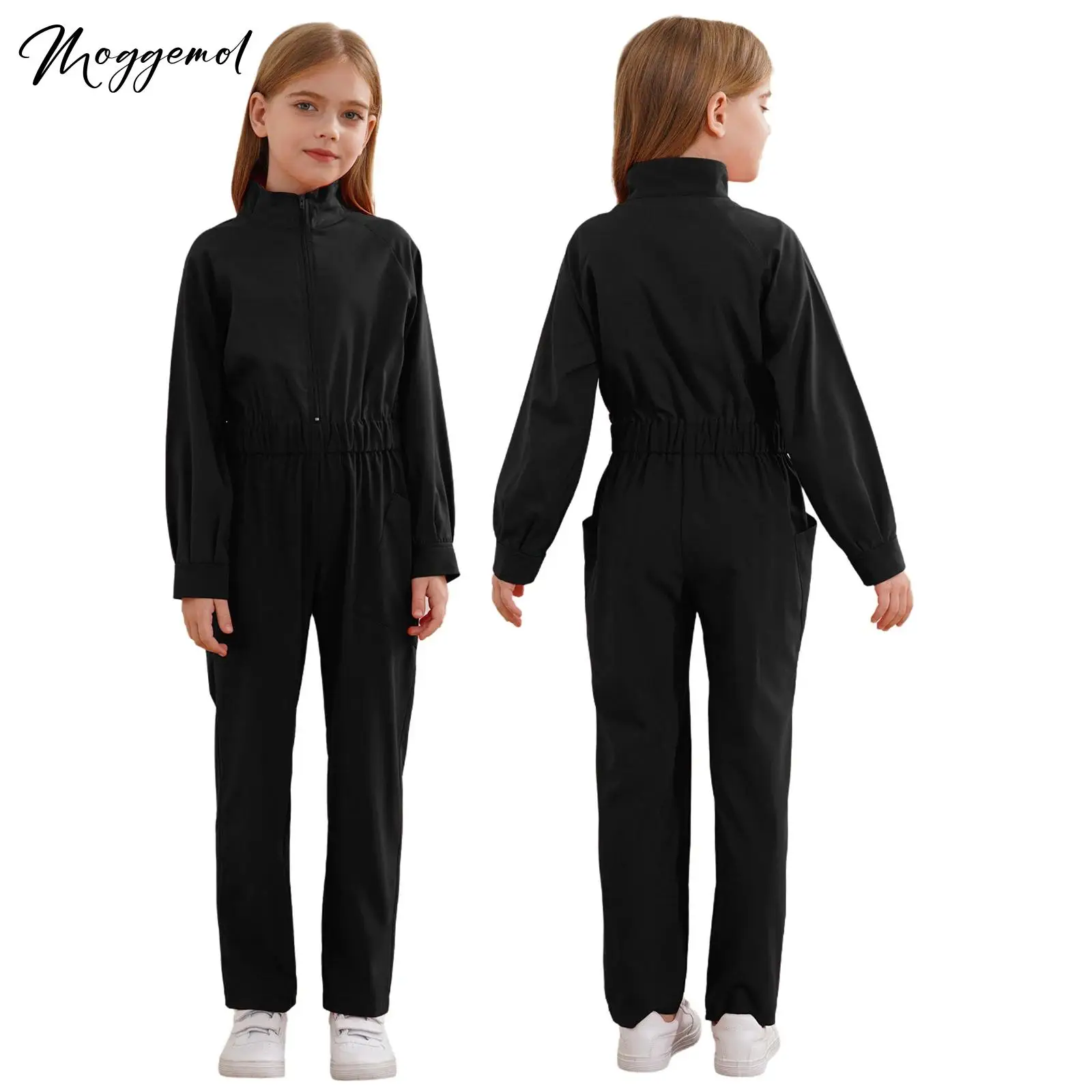 Monteurkostuum voor kinderen, meisjes, overall met ritssluiting, vluchtpak, jumpsuit met lange mouwen, speelpakje, elastische taille, rompertjes met zakken