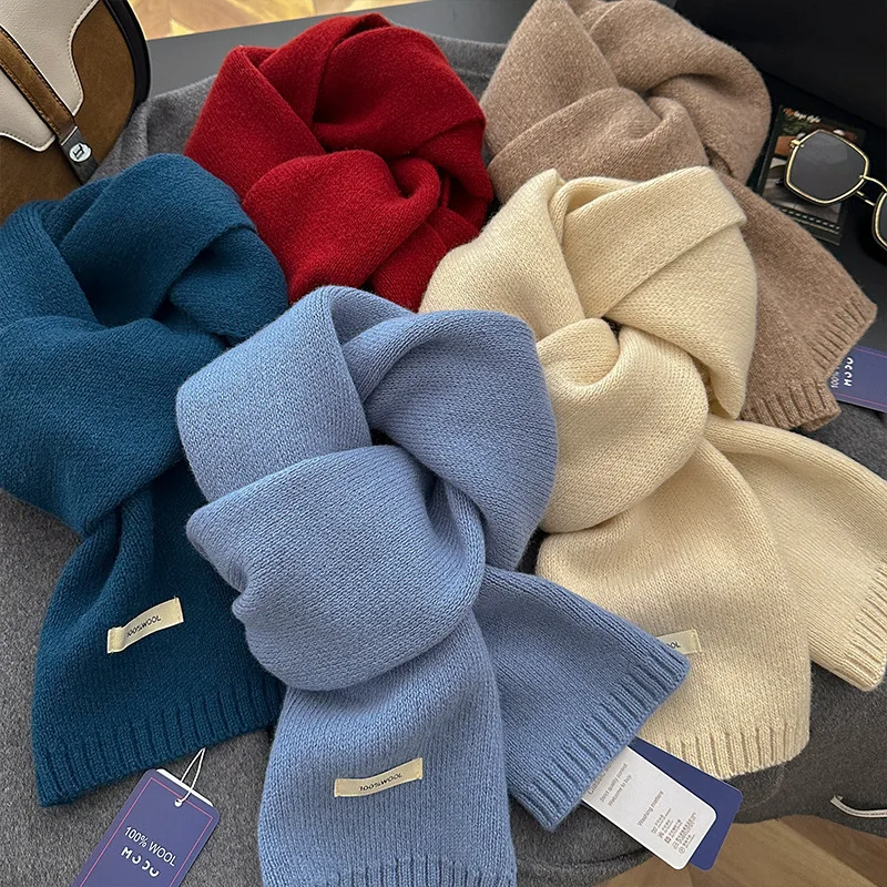 2026 Women 100% Wool Knitted Short Scarf Autumn Winter Soft Thick Warm Neck Wrap Minimalist Label Neckerchief Fashion Accessory