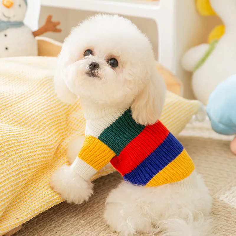 Winter Pet Warm Sweater Rainbow Striped Luxury Dog Clothes Pet Dog Coat Puppy Pullover Chihuahua Costume Cat Dog Knitted Coat