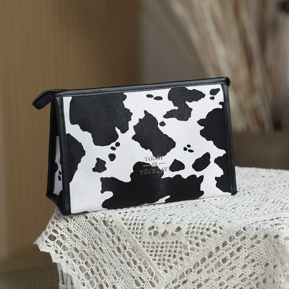 Cow Print Cosmetic Bag Portable PU Leather Travel Makeup Bag with Handle Large Capacity Double Zipper Toiletry Storage Organizer
