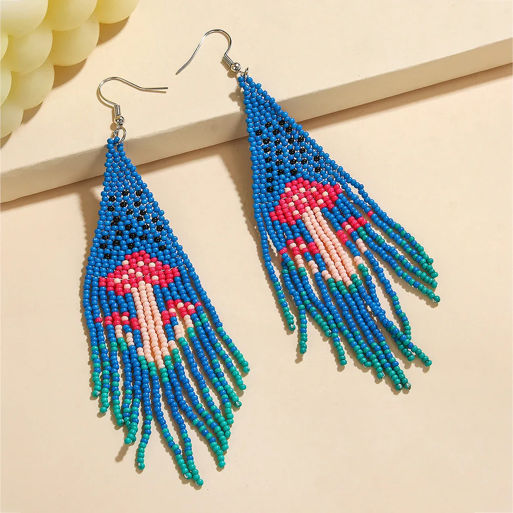 ZGMXR Rice bead earrings Tassel Originality Mushrooms Hand knitting Design Chroma Bohemia Alloy Female Fashion Beaded earrings