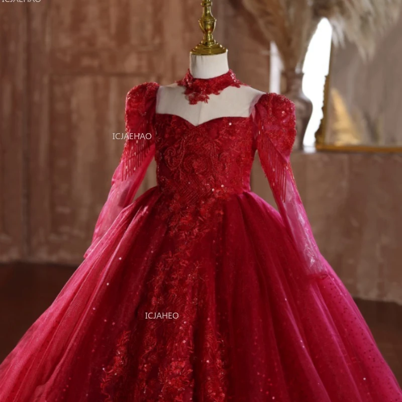 

New Chinese Style Girls Red Princess Dress Children Puffy Ball Gown for Host Pageant Piano Performance Long Sleeve Party Dress