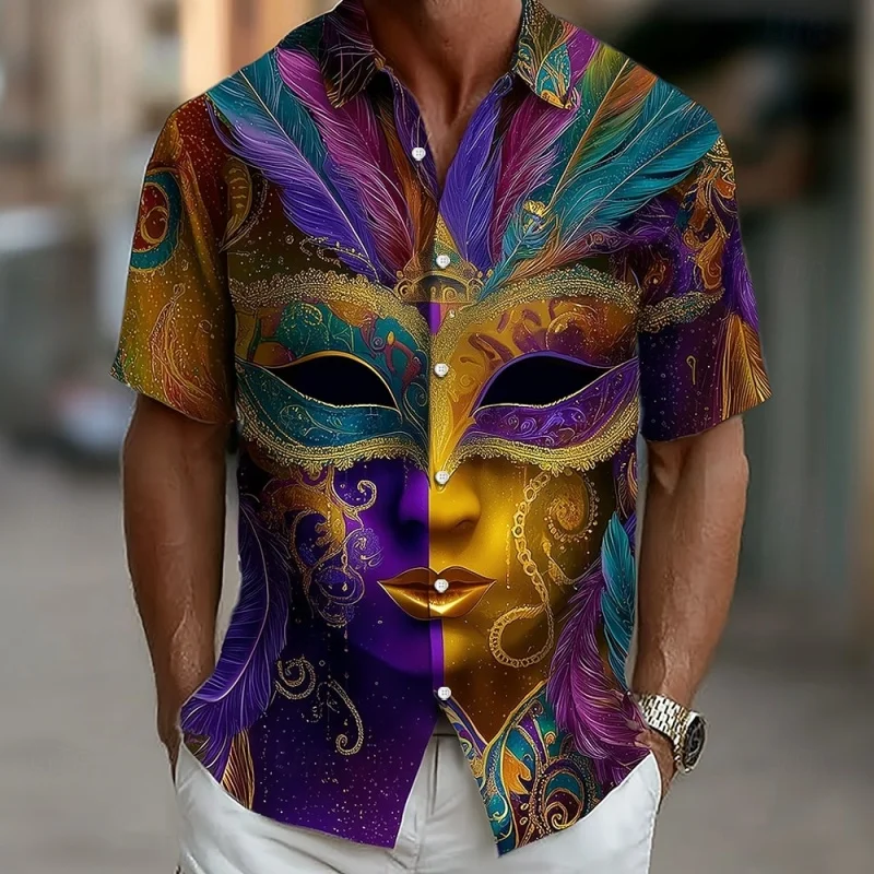 

Carnival Mask Pattern Hawaiian Shirt For Men Colorful Splicing 3D Printed Short Sleeves Summer Street Blouse Loose Aloha Shirts