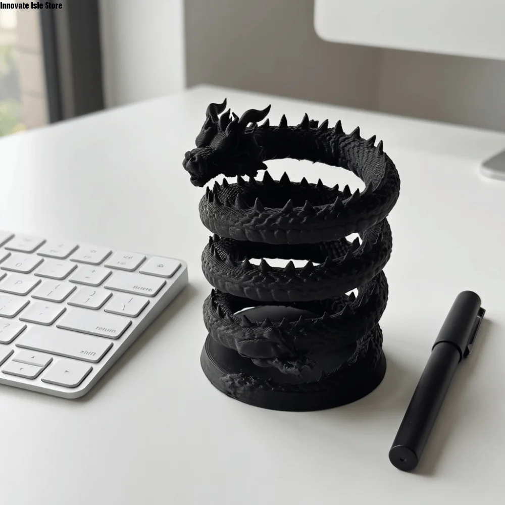 Personalized Black Dragon Pen Holder 3D Printed Spiral Coiled Desktop Statue Creative Realistic Storage Holder Bookshelf
