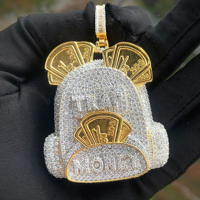 Hip Hop 5A+ CZ Stone Bling Iced Out MONEY Bag TRAP Pendant Necklace for Men Rapper Jewelry Gold Silver Color