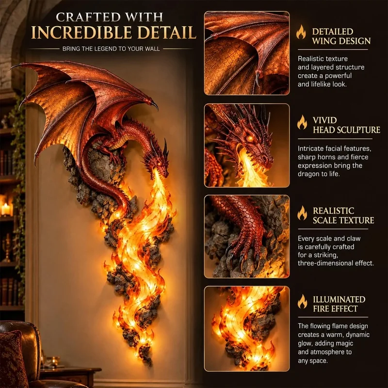 Dragon Wall Sculpture LED Light Fire Breathing Dragon Wall Art Decor Resin Statue Ornament for Home Living Room Gothic Wall Hang - view 2