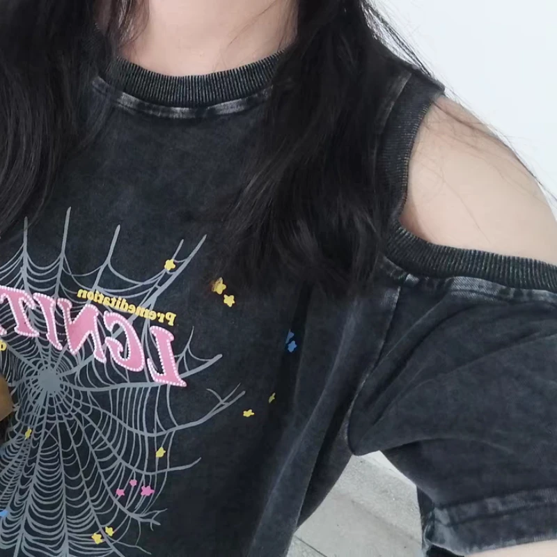 Women Sexy Off Shoulder Short Sleeved T-shirt Y2K Korean Retro Streetwear Tee Harajuku Oversized Letter Printing Women Oneck Top image 2