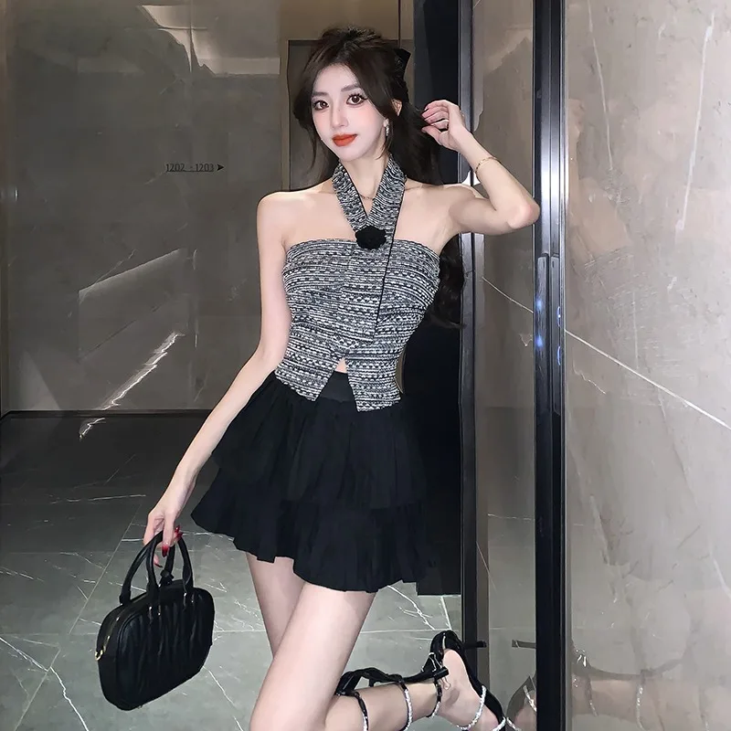 2024 Summer New Dress Sets Women Halter Strapless Tops + High Waist Pleated Skirts Female Korean Style Fashion Two-piece Set