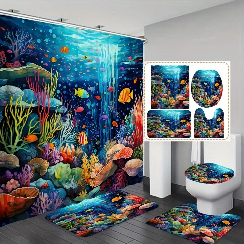 

Ocean World Cartoon Bathroom Set | Washable Curtain with Hooks, Includes Shower Curtain, Rug, Toilet Cover