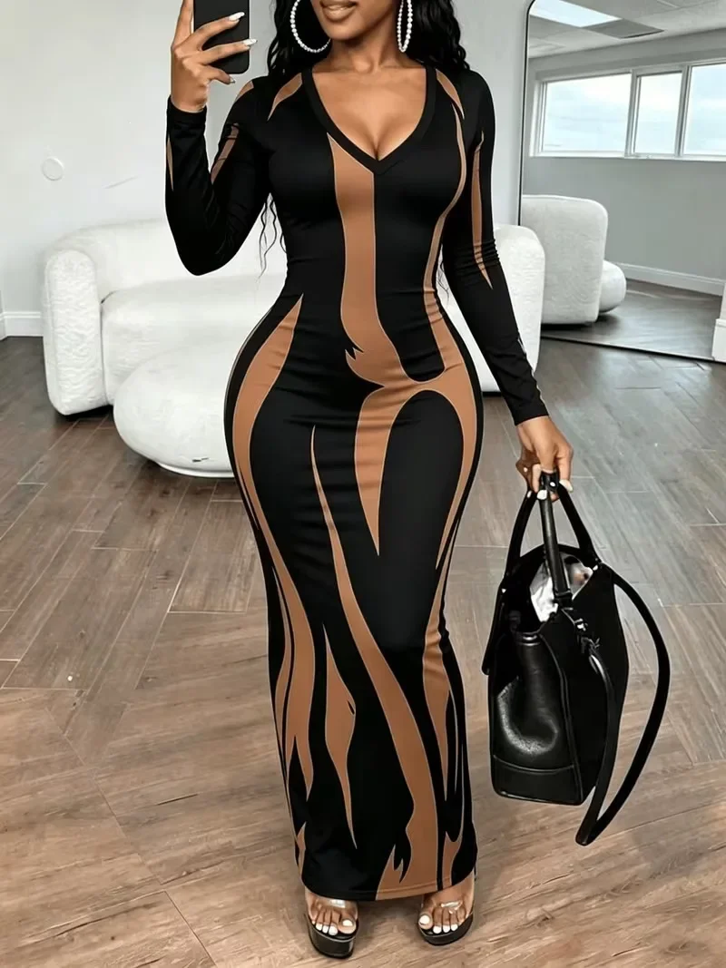 Women V Neck Long Sleeve Bodycon Maxi Dress Color Block Print Slim Fit Party Long Dress