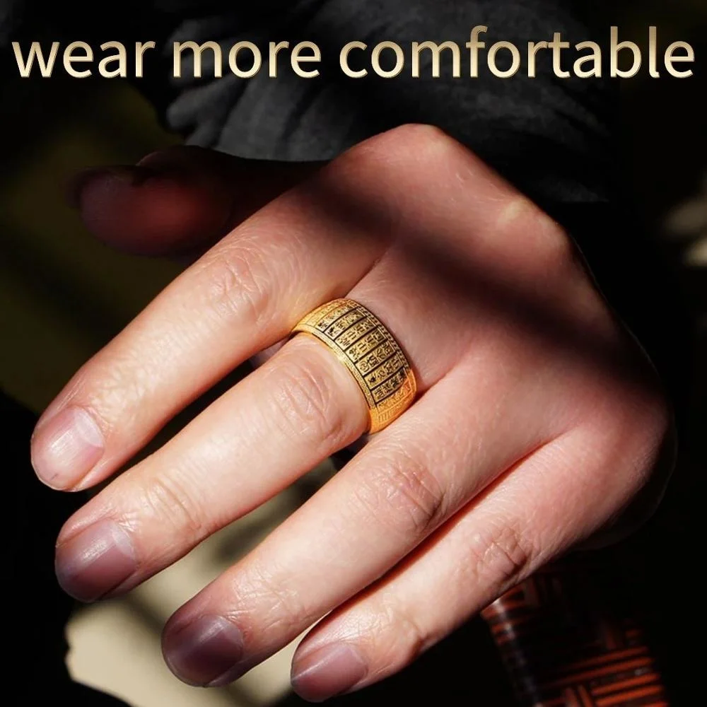 Men\'s Wide Supernatural Thumb Signet Ring Carved Ancient Chinese Buddha Scripture Rings For Men Solomon Taoism Metallica Ring